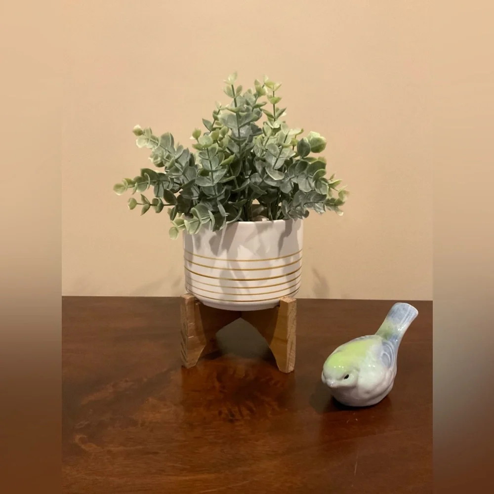 Faux Green Plant in Ceramic Pot On Wood Stand Decor 🪴